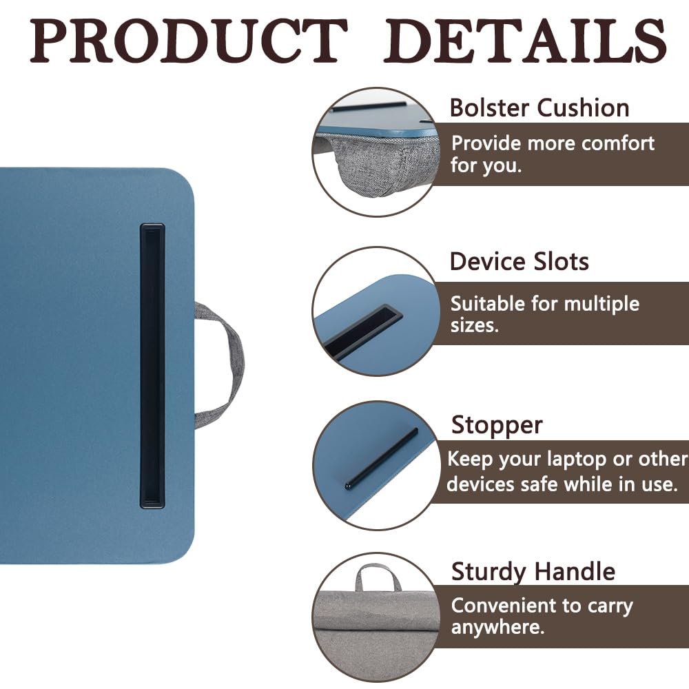 Lap Desk, Portable Laptop Desk Fits Up to 16“ Laptops, with Tablet Slot, Built-in Cushion, Great for Home & Office,Lap Desk for Laptop,Lap Desk with Cushion (Blue, Medium)