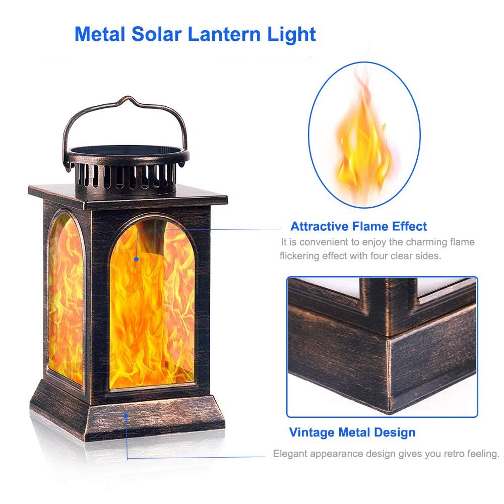 Solarbaby Solar Lantern Lights, Metal Flickering Flame, Solar Lights for Outdoor Use, Hanging Lighting, Solar Powered LED-Flame Lights for Garden, Patio, Path (Bronze, Pack of 2)