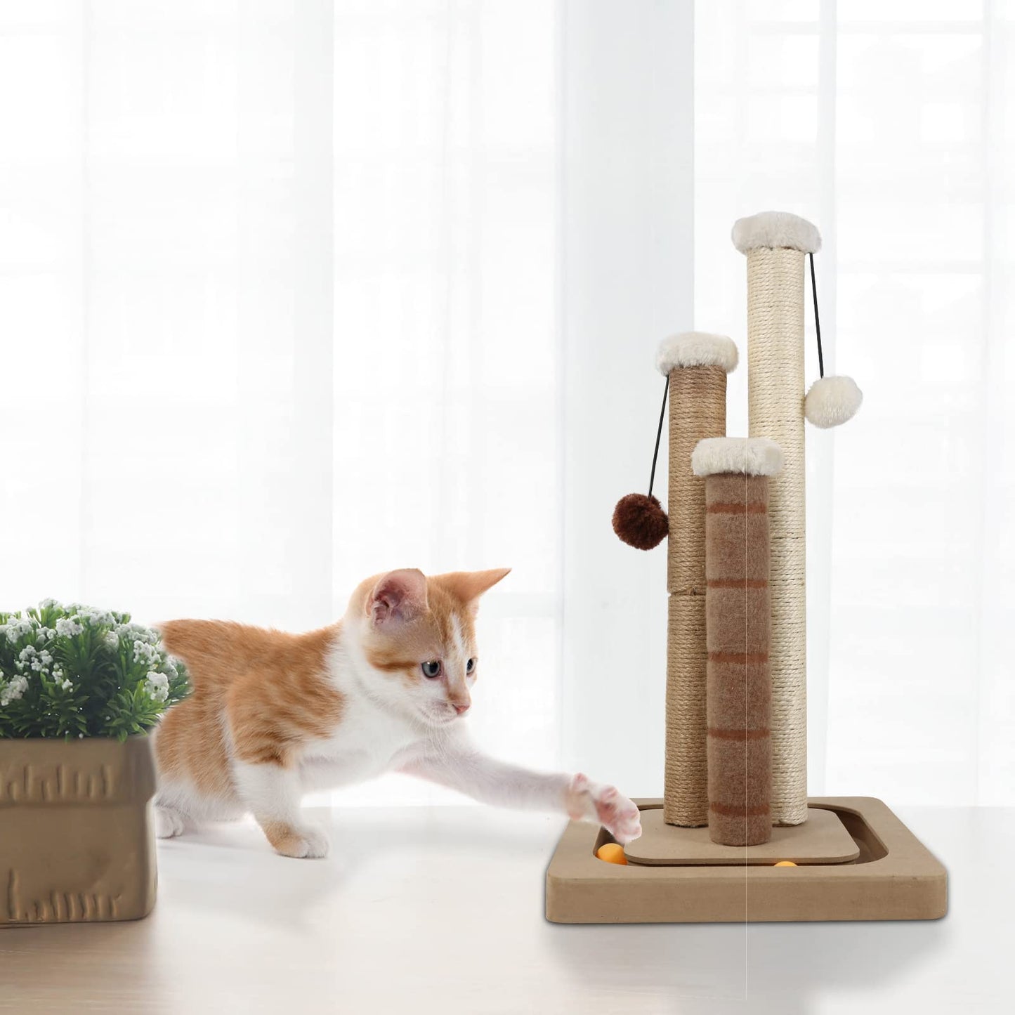 AUSCAT Cat Scratching Post with 3 Scratching Poles, Vertical Sisal Cat Scratcher with Dangling Balls & Track Balls, Scratching Post for Indoor Cats and Kittens