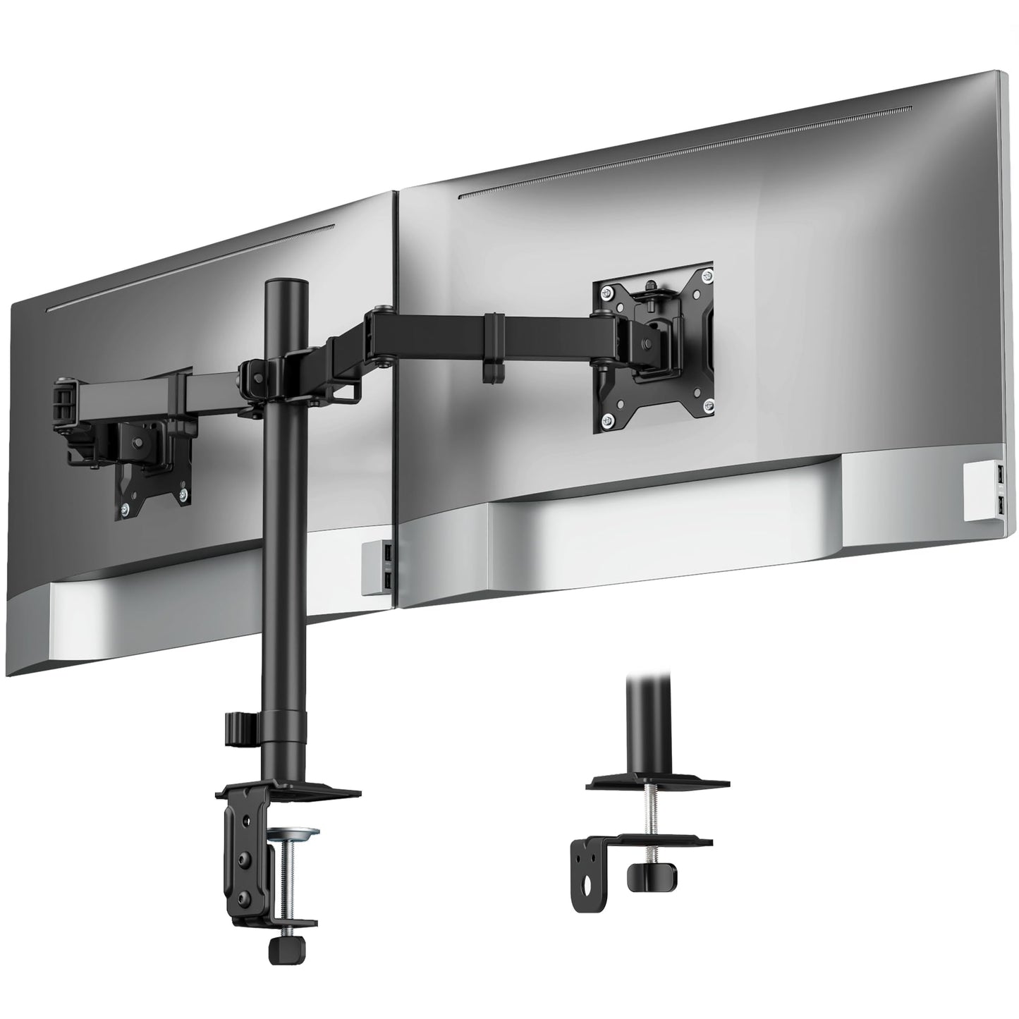 monTEK Stable Dual Monitor Stand for 17"–32” Computer Screens, Heavy-Duty Desk Mount with 22 lbs per Arm, Fully Adjustable Brackets and Arms, Clamp/Grommet Base, VESA 100×100mm Max