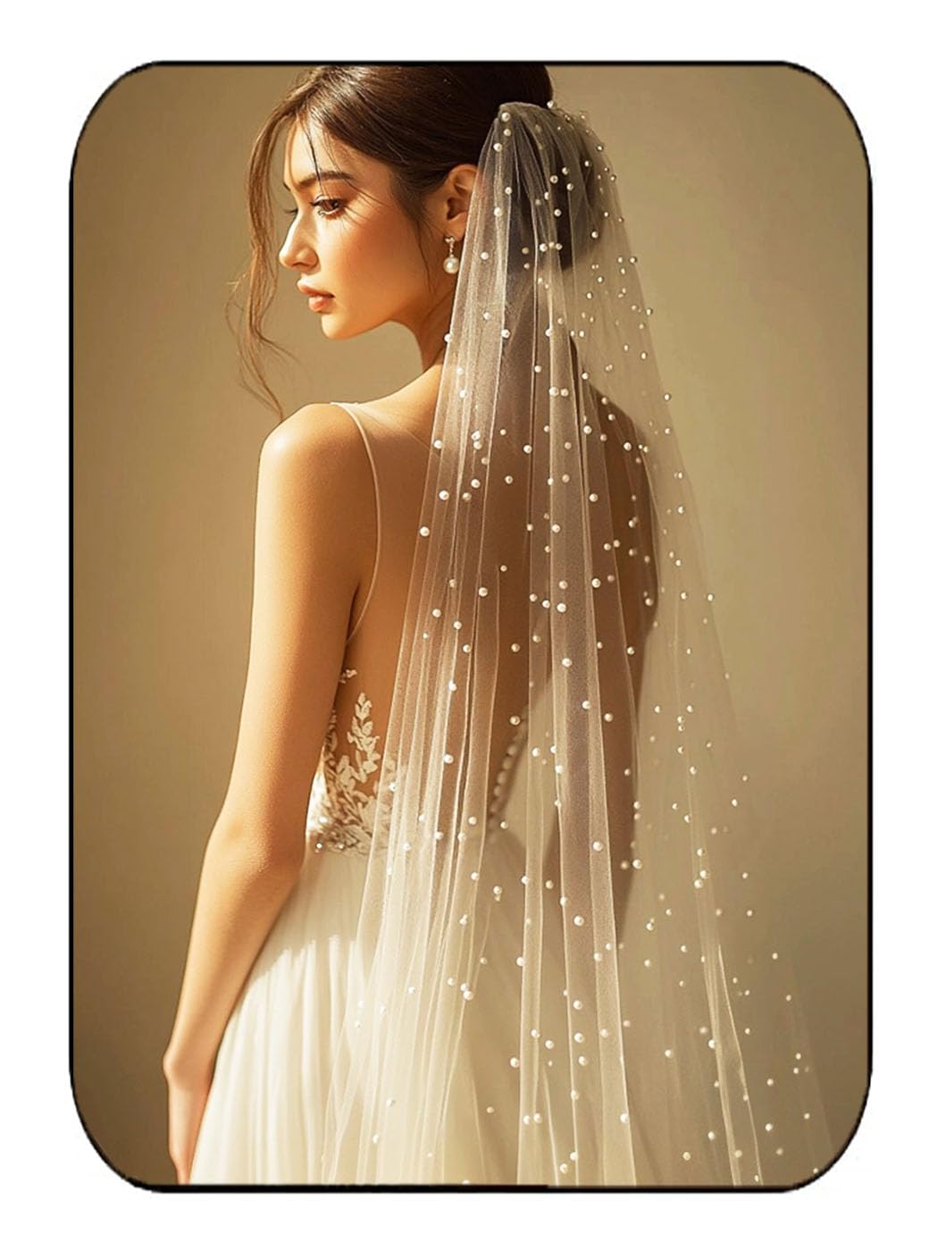 HEREAD Pearl Bride Wedding Veil White Fingertip Cathedral Bridal Tulle Veils Hair Accessories with Comb and Cut Edge, White, 106.2" Length