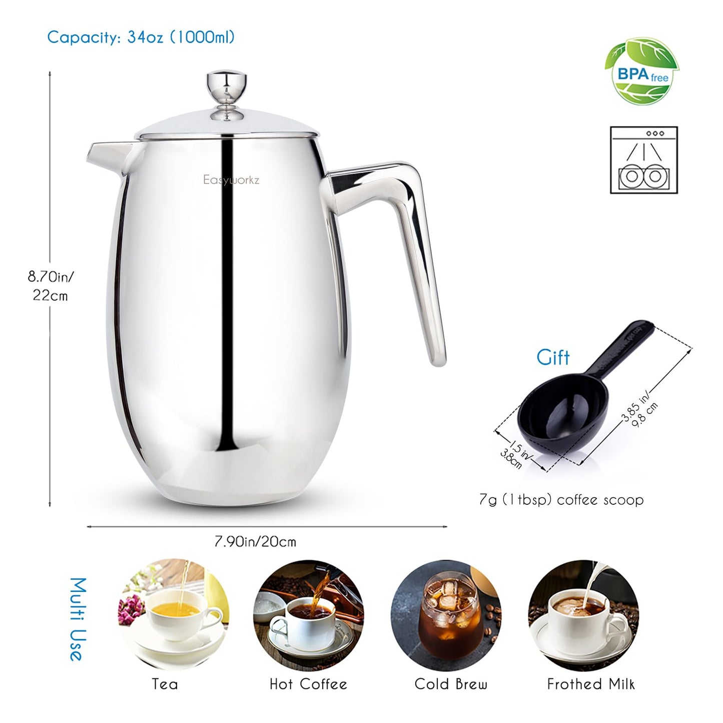 Easyworkz Nando French Press 1000ml Double Wall Insulated Thermal Coffee Maker,304 Stainless Steel Cafetiere