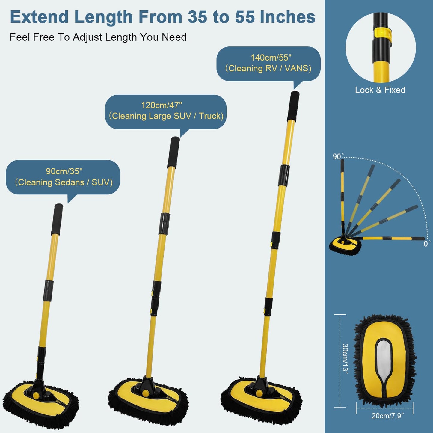 YeewayVeh 140cm 55" Car Wash Brush Mop with Long Handle, 15° Curved Car Wash Cleaning Kit Extendable Microfiber Sponge with Storage Bag for Truck RV Camper Cleaning (2 x Mop Head Cover)