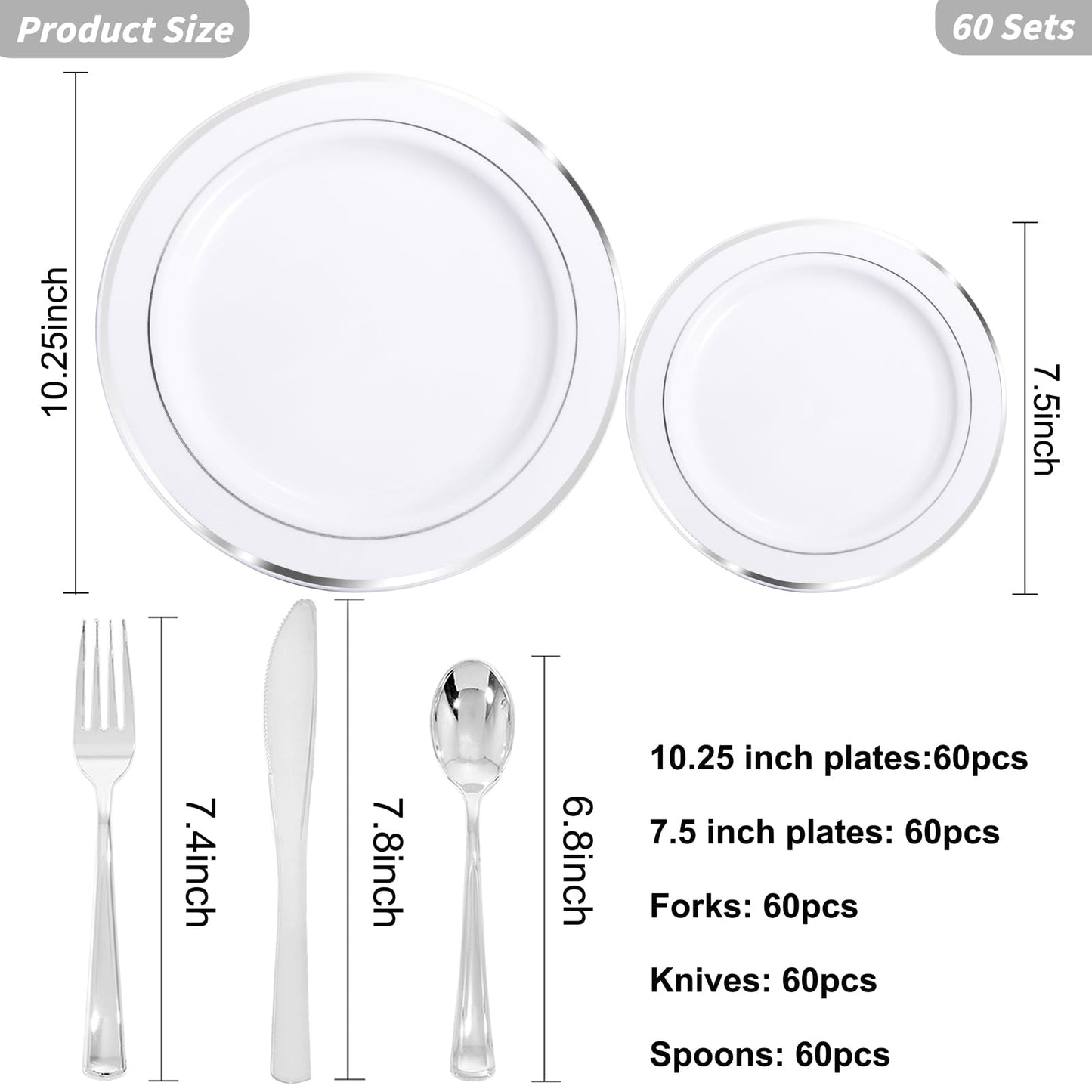 I00000 300 Pieces Silver Plastic Plates with Disposable Silverware, Fancy Tableware Sets Include 60 Dinner Plates 10.25", 60 Salad Plates 7.5", 60 Forks, 60 Knives and 60 Spoons Serve for 60 Guest