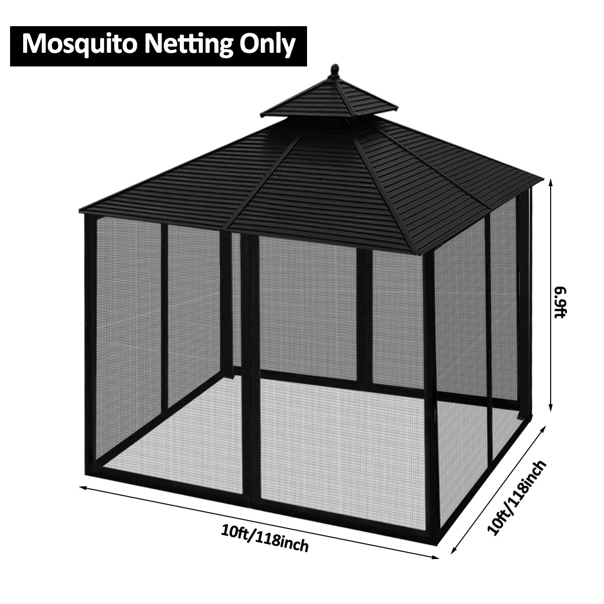 Homegroove Replacement Mosquito Netting for 10x10ft Gazebo, Universal Mosquito Netting for Patio Garden Yard, 4-Panel Outdoor Mesh Netting Screen with Zipper, Upgraded Flame Retardant Material Black