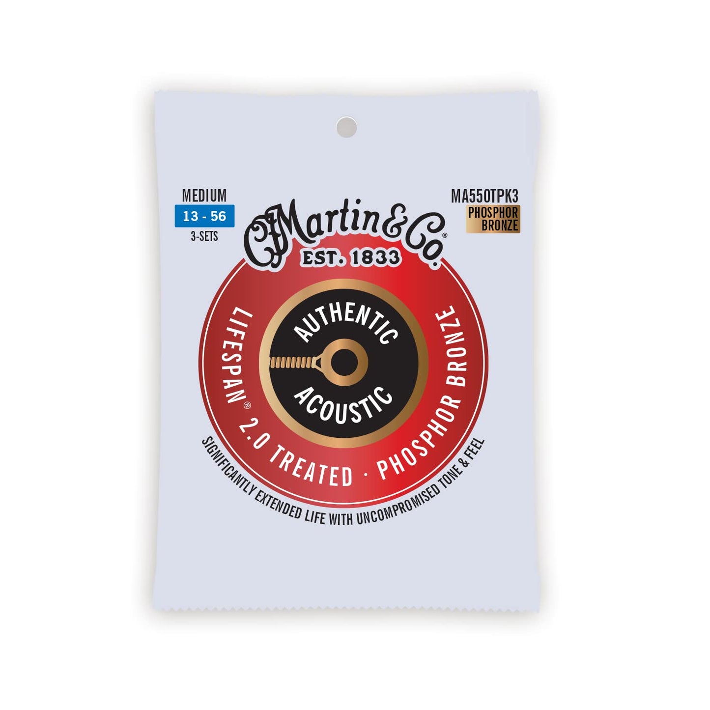 MARTIN Lifespan 2.0 Medium 13-56 98/2 Phosphor Bronze (MA550TPK3) Acoustic Guitar Strings (Pack of 3)