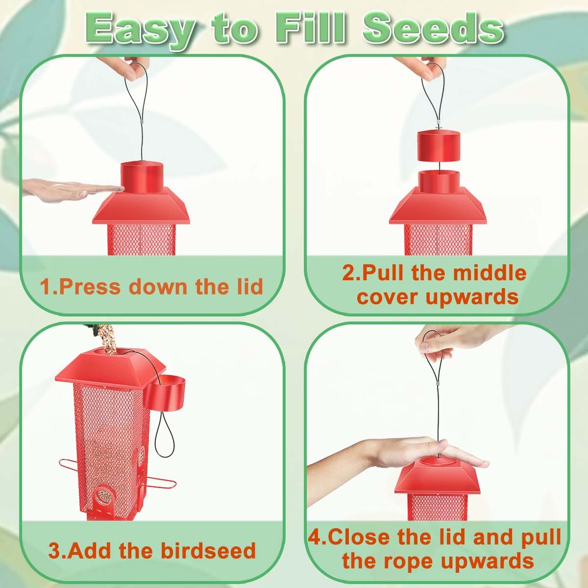 Squirrel Proof Bird Feeder,2.5Lbs Bird Feeders for Outdoors Hanging, Metal Birds Feeder with 4 Feeding Ports, Wild Birds Feeder for Cardinal, Finch, Sparrow (Red)