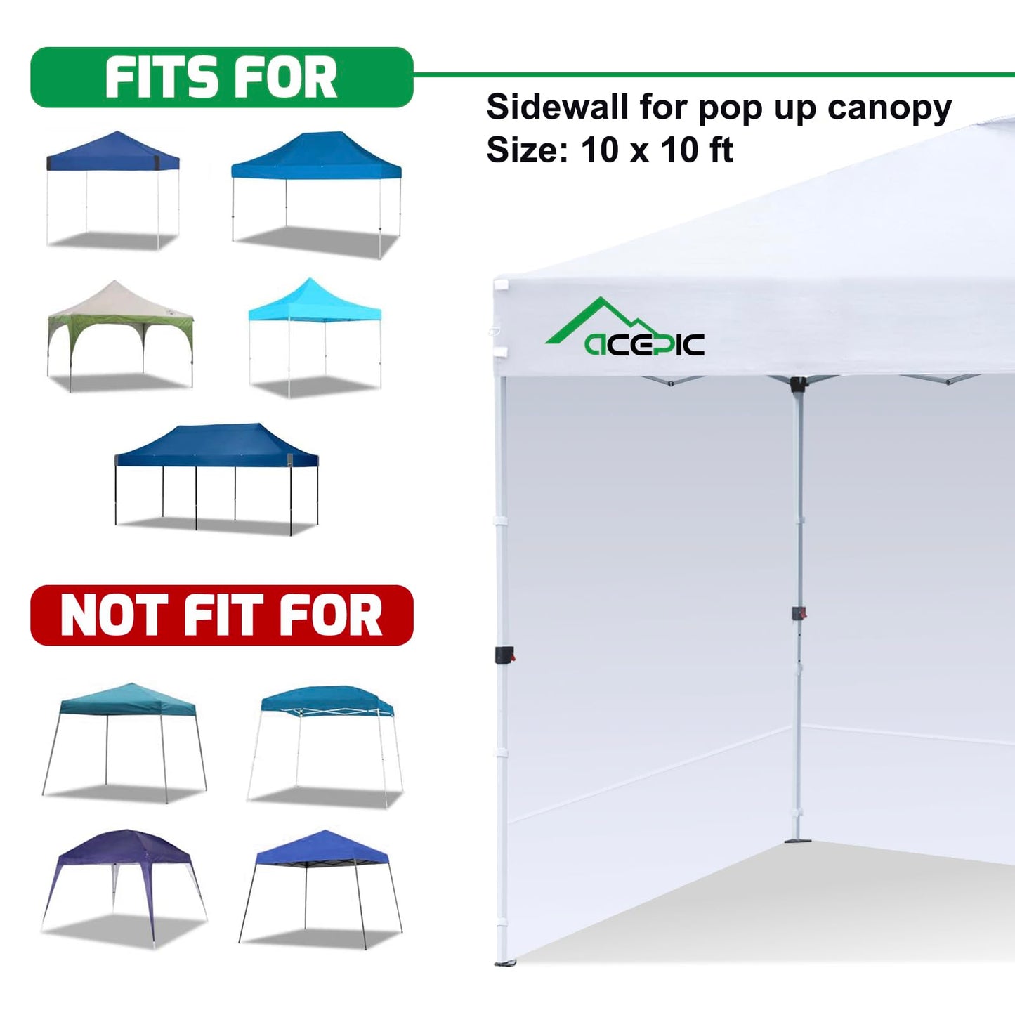 Acepic 3PCS White 210D Waterproof Sidewalls for 10x10 Pop Up Canopy Tent, Fits Most 10x10 ft Canopies, Camping