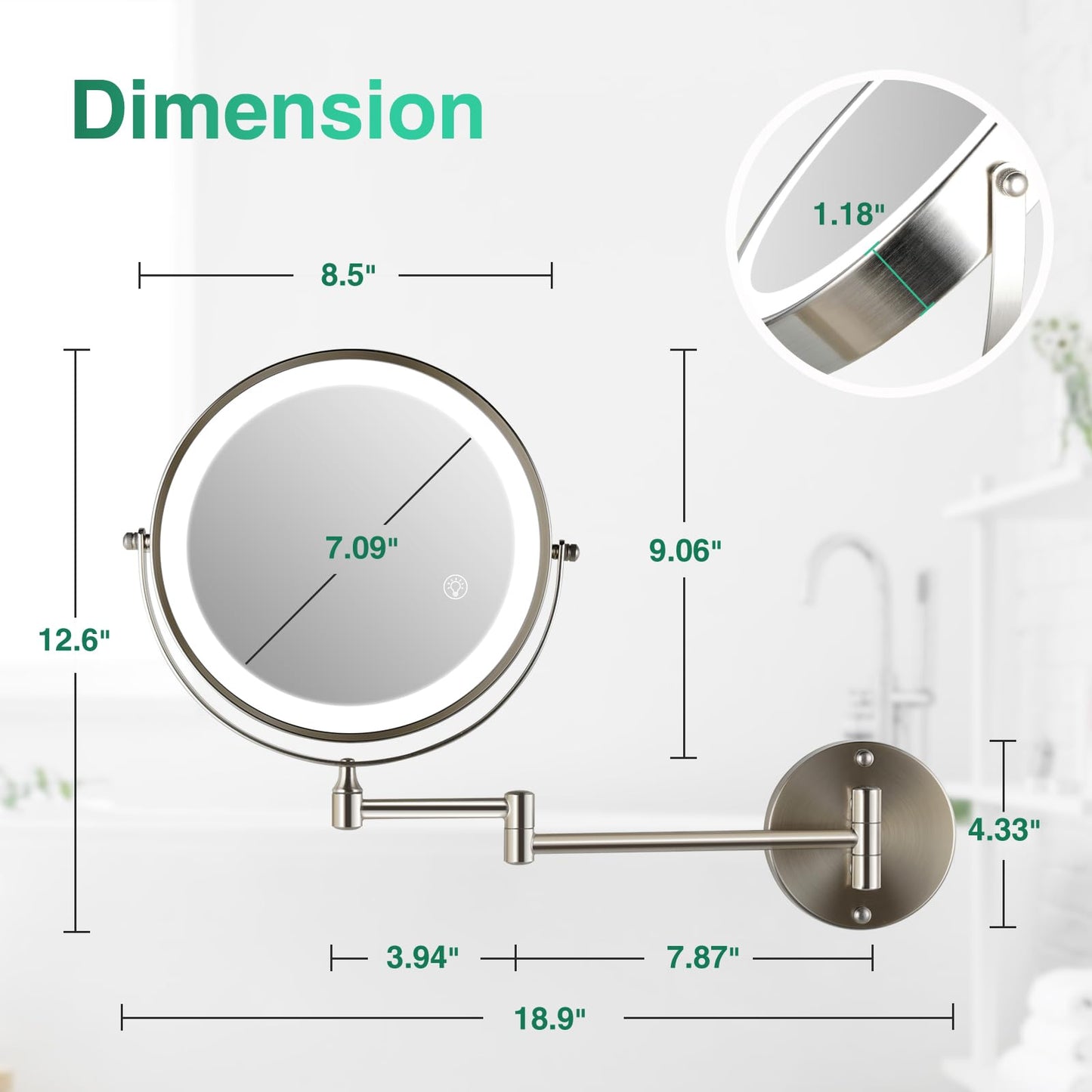 GREENFROM Rechargeable Wall Mounted Makeup Mirror Brushed Nickel, 8.5'' Magnifying Mirror with Lights Double-Sided 1X/10X 360° Rotation Extension Bathroom Shaving Mirror with Foldable Arm