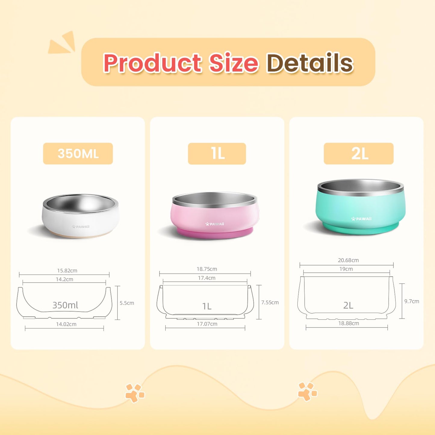 Pawaii Small Dog Bowls, 12 oz. Food Water Bowl Designed for Puppies and Cats with Non-Slip Rubber Base, Upgraded Metal Insulated, Double Stainless Steel Bowls