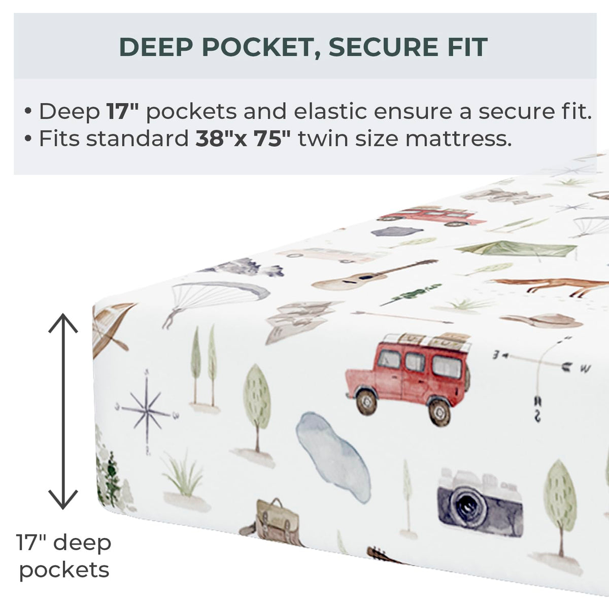 Pobi Baby Premium Twin Full Bed Sheet Set – Kids Double Bed Sheets in Cotton Blend | Ultra-Soft Woodland Camping Print with Fitted Sheet, Flat Sheet & Pillowcases - 3 PC (Explore)