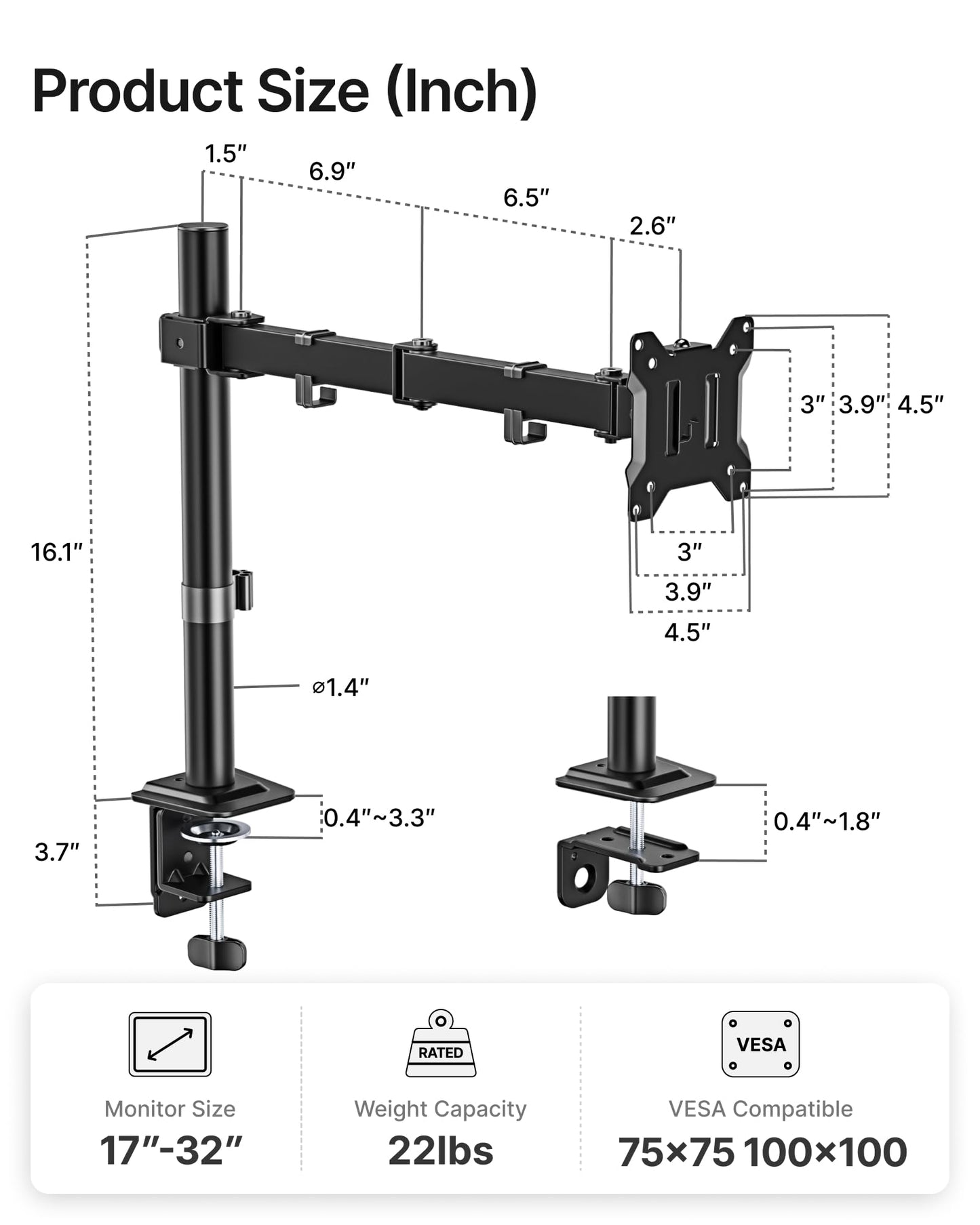 monTEK Single Long Monitor Mount for 17-32 inches Screen, Fully Adjustable Articulating Desk Monitor Stand up to 22lbs Capacity, Computer Mount with C Clamp and Grommet Base, Max VESA 100x100mm