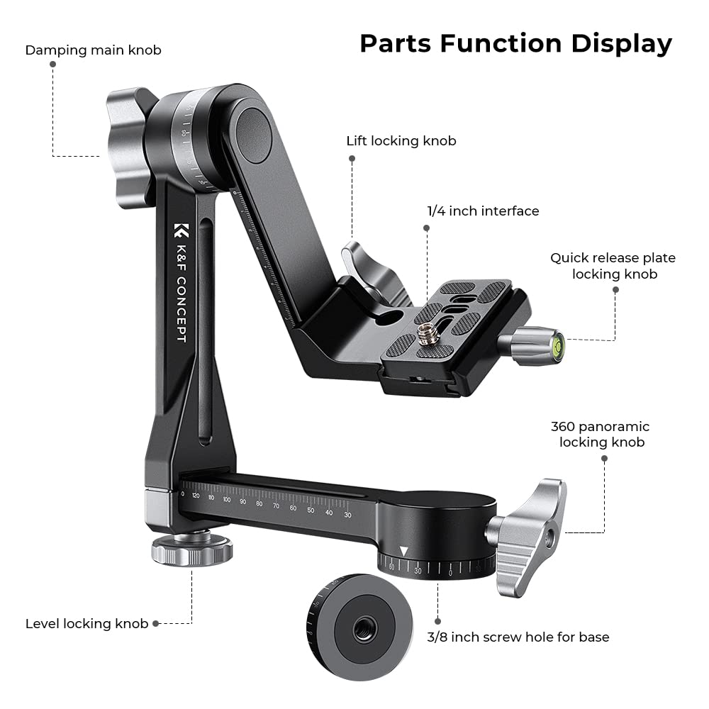 K&F CONCEPT Aluminum 360 Degree Panoramic Gimbal Tripod Head with 1/4'' Standard Quick Release Plate and Bubble Level Capacity up to 44.09lbs/20kg