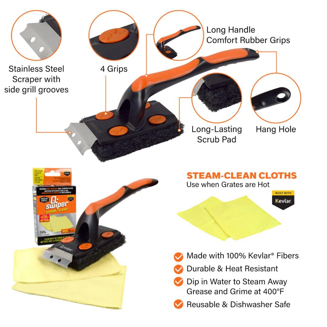 Q-Swiper XL Steam-Clean Grill Cleaning Value Set | Bristle-Free Brush with Scraper | Dipping Tray, 4 Kevlar® Heat Resistant Cleaning Cloths | Safe Way to Steam Away BBQ Grill Grease & Grime