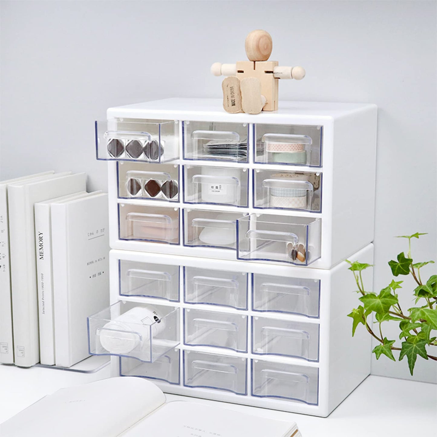 MYKASEN Desk Storage Organizer with 9 Drawers, Clear Plastic Storage Cabinet, Stackable Desk Storage Box for Makeup Office Craft Hardware Art Supplies, 9.8×6.3×5.9inch(White)