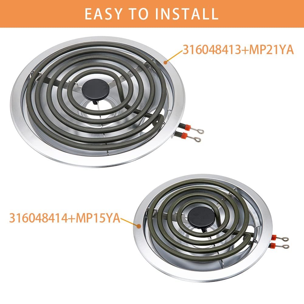 MP22YA Electric Stove Burner Element Replacement Set & 316048413 316048414 4 Pack Silver Drip Pans