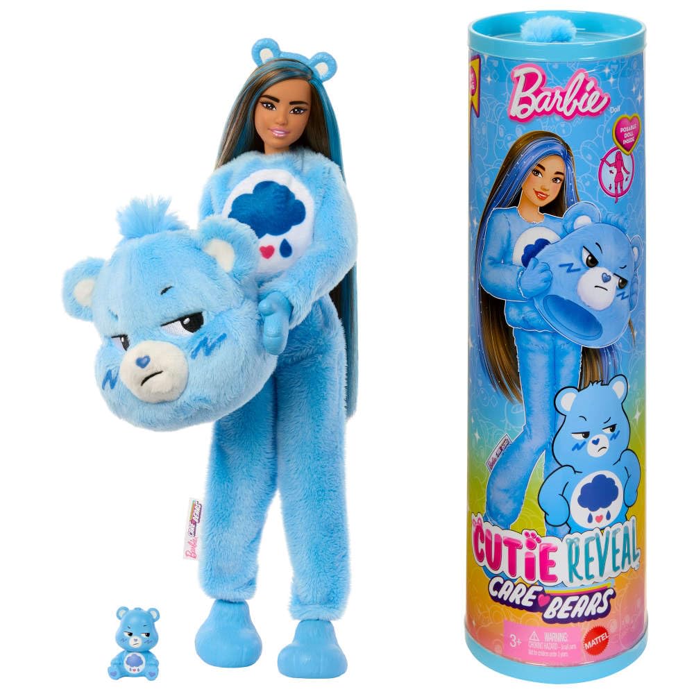Barbie Cutie Reveal Care Bears Series Doll & Accessories Set with Grumpy Bear Plush Costume & 10 Surprises Including Color Change & Mini Bear