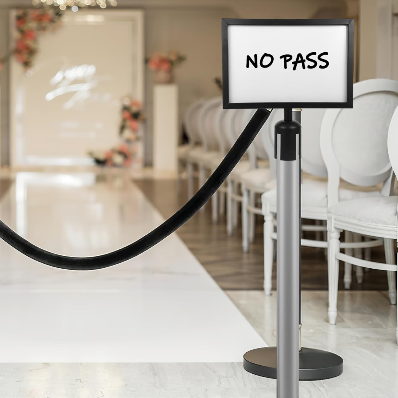 DIYEAH Stainless Steel Stanchion Sign Holder 12.6x12" | Black Queue Column Frame for Crowd Control Barrier | Stantion Topper for Retractable Belt Safety Poles