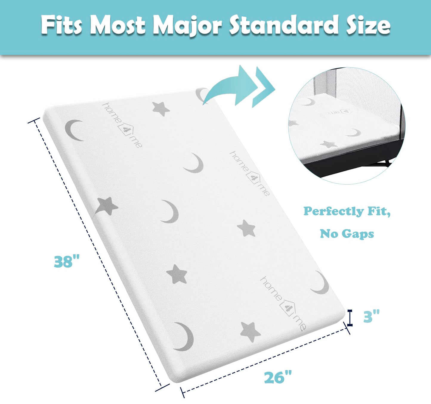 Home4me Pack and Play Mattresses 38" x 26" x3'', Pack n Play Mattress Pad, Dual Sided Mini Crib Mattresses for Babies and Toddlers, Memory Foam Playpen Mattress with Soft Cover, White