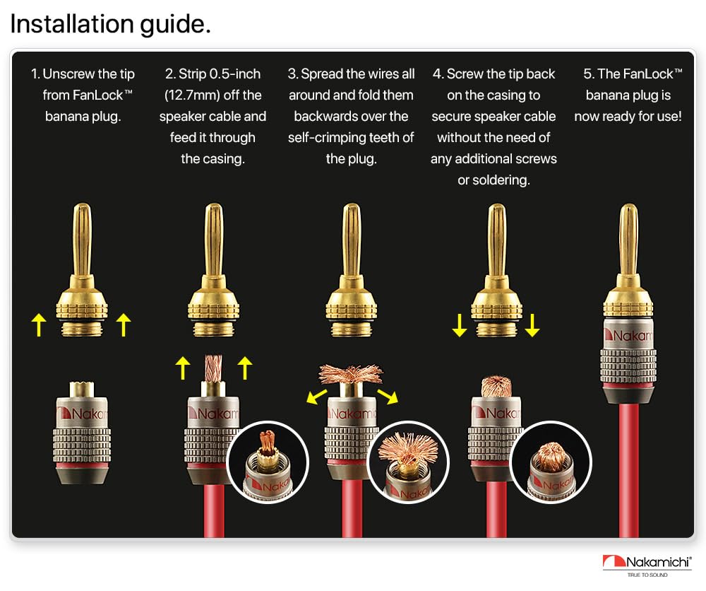 Nakamichi FanLock Excel Series 24k Gold Plated Banana Plug 10 AWG - 18 AWG Gauge Size 4mm for Speakers Amplifier Hi-Fi Stereo Home Theatre Radio Audio Wire Cable Quick Connector, 16 Pcs (8-Pairs)