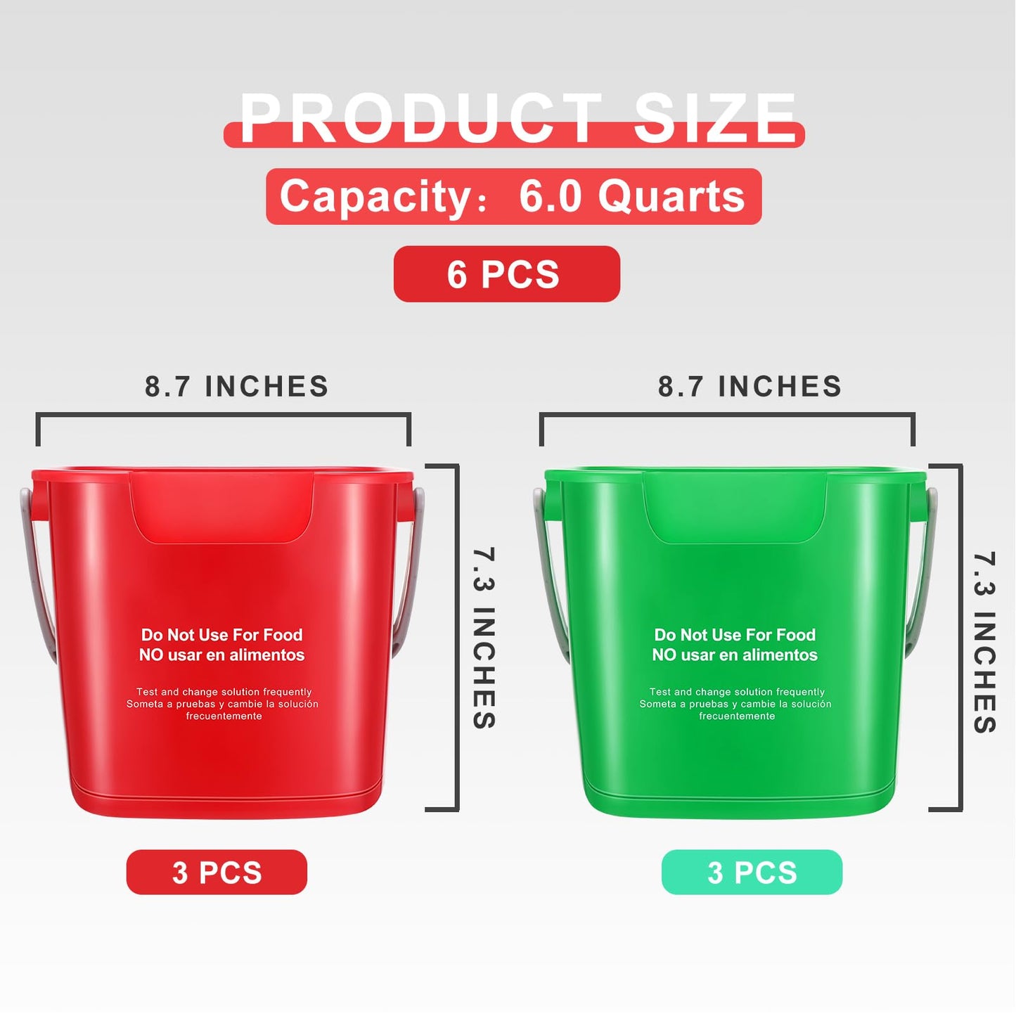 6 Pcs 6 Quart Cleaning Bucket Small Sanitizing Square Bucket Detergent Pail for Home Commercial Restaurant Kitchen Office School (Red, Green)