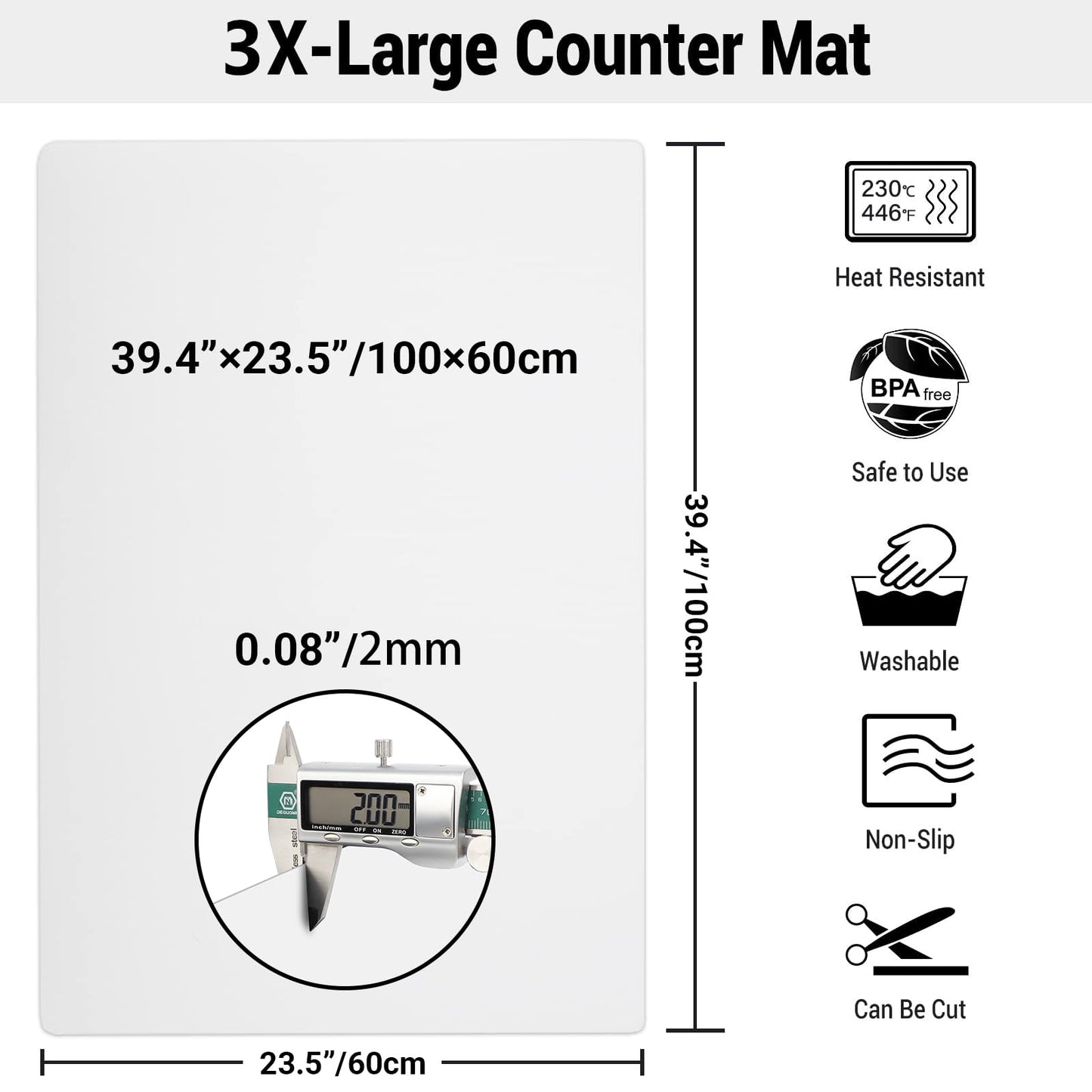 Ewen Extra Large Silicone Mat - 39.4X23.5 Inches 2MM Thick Heat Resistant Placemats, Silicone Mats for Kitchen Counter, Protector Mat for Air Fryer, Coffee Maker, Glass Top Stove, Translucent