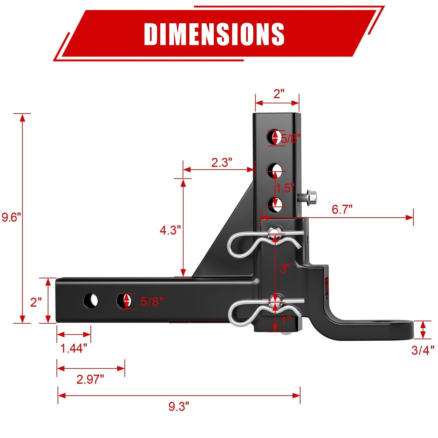 TYT Adjustable Trailer Hitch Ball Mount, 6-Position Tow Hitch, Fits 2-Inch Receiver, with 1" Hitch Ball Hole, 9-1/2" Drop & 8-1/4" Rise Drop Hitch, 7500 lbs