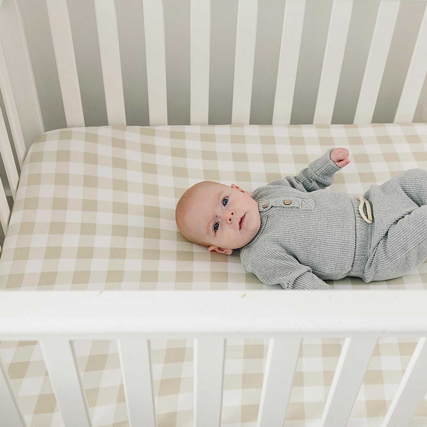 Pobibaby - 2 Pack Premium Fitted Neutral Crib Sheets for Standard Crib Mattress - Ultra-Soft Cotton Blend, Safe & Snug Fit, Stylish Gingham Crib Sheet (Khaki)