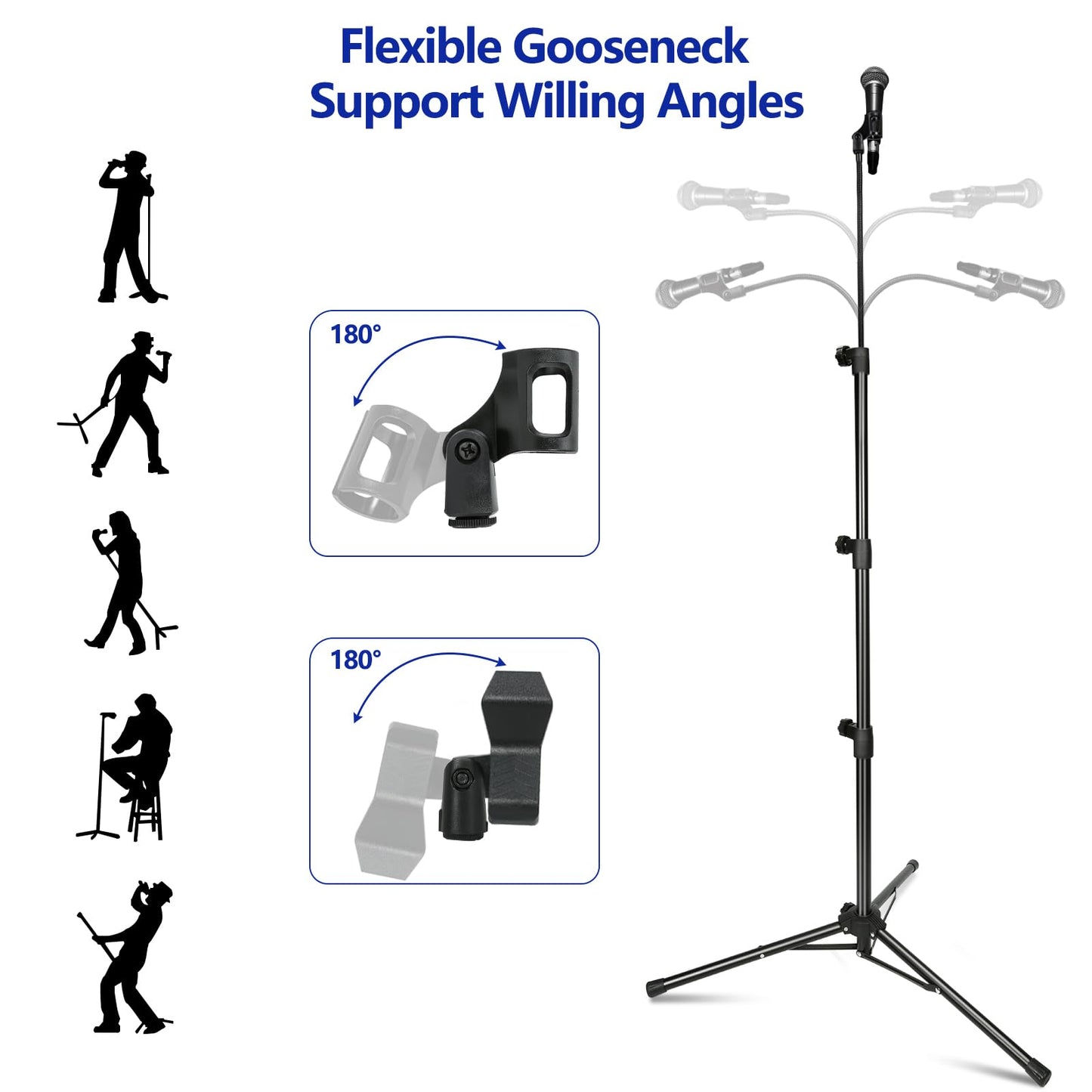 Mic Stand, Boom Microphone Stands Tripod Gooseneck Microphone Stand Height Adjustable from 24" to 67" with 2 Mic Clips for Singing Stage Performance Party Mic Mount