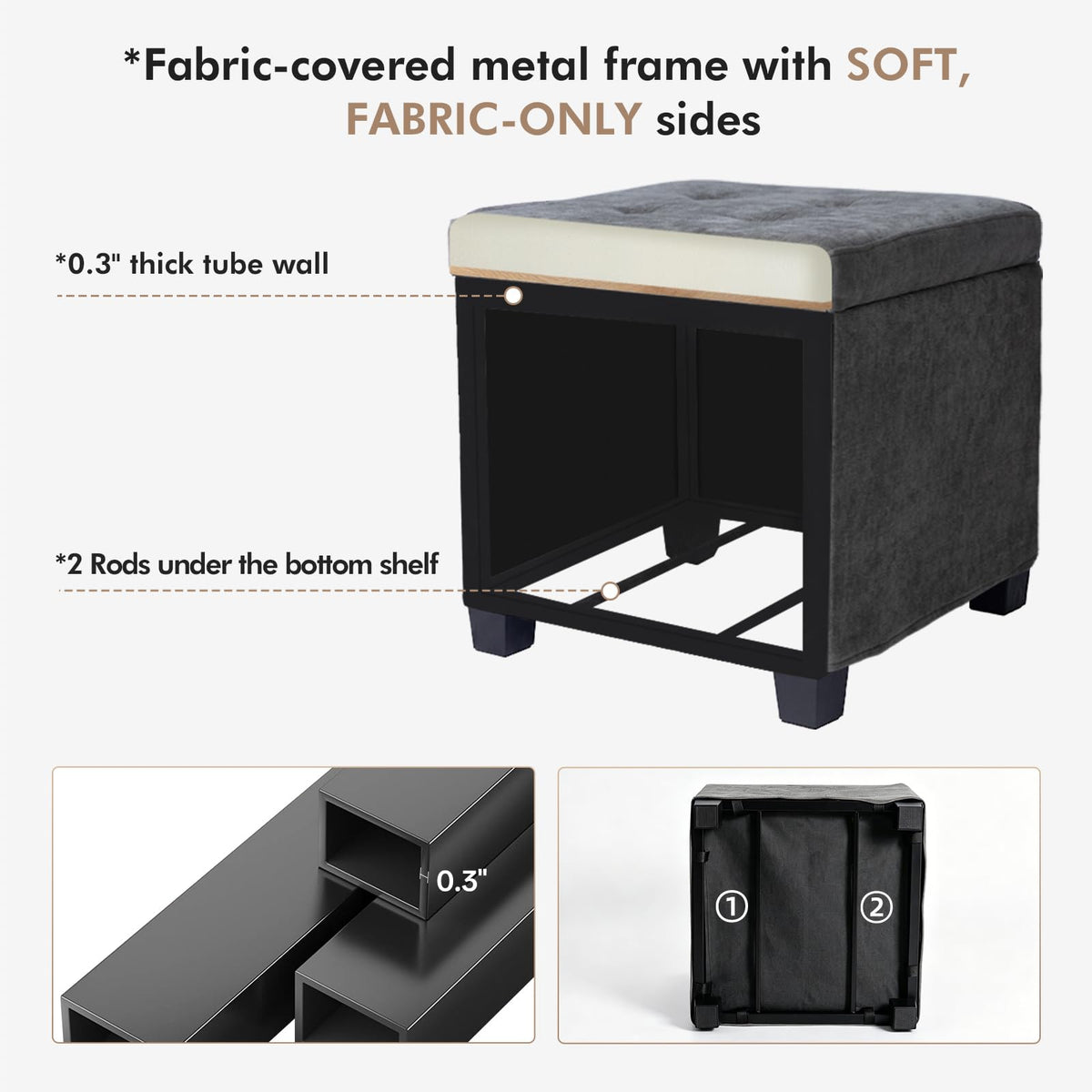ABHENG Steel Frame Square Storage Ottoman Cube 45 x 45 x 45 cm,Tufted Upholstered Foot Stool Footrest with Legs,for Dorm Living Room Chenille Gray CASND641G
