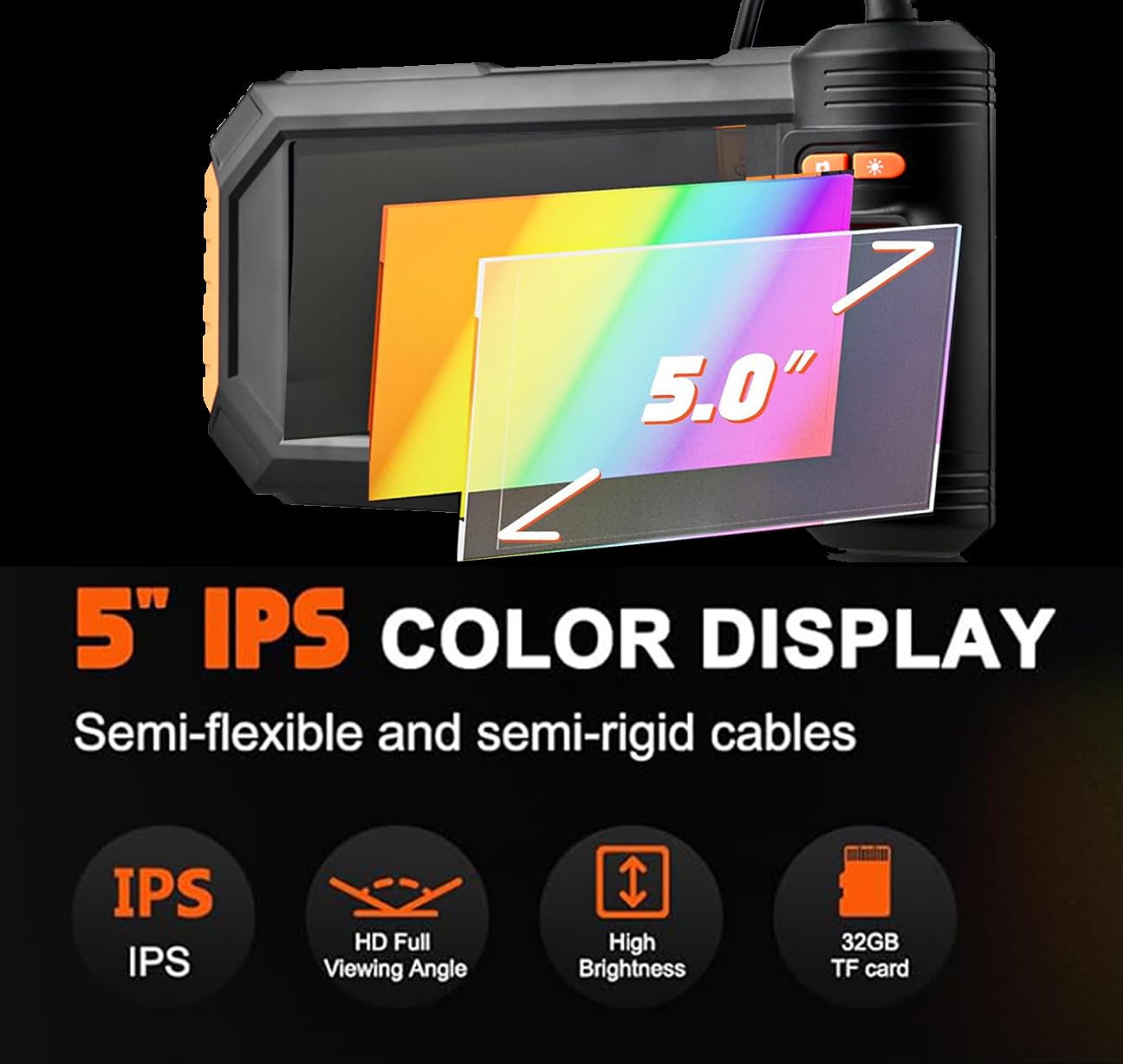 Triple Lens Inspection Camera 32FT, 5'' IPS Screen 1080P HD 8mm Endoscope Inspection Camera with Lights, Waterproof Drainage Borescope for Sewer Pipe Plumbing Snake Semi-Rigid Cable