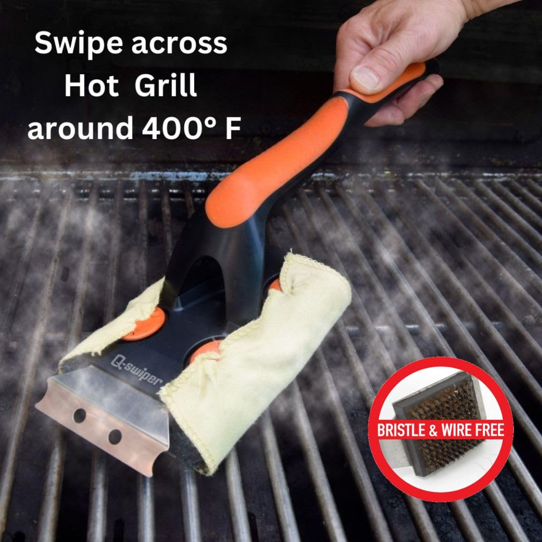 Q-Swiper XL Steam-Clean Grill Cleaning Value Set | Bristle-Free Brush with Scraper | Dipping Tray, 4 Kevlar® Heat Resistant Cleaning Cloths | Safe Way to Steam Away BBQ Grill Grease & Grime