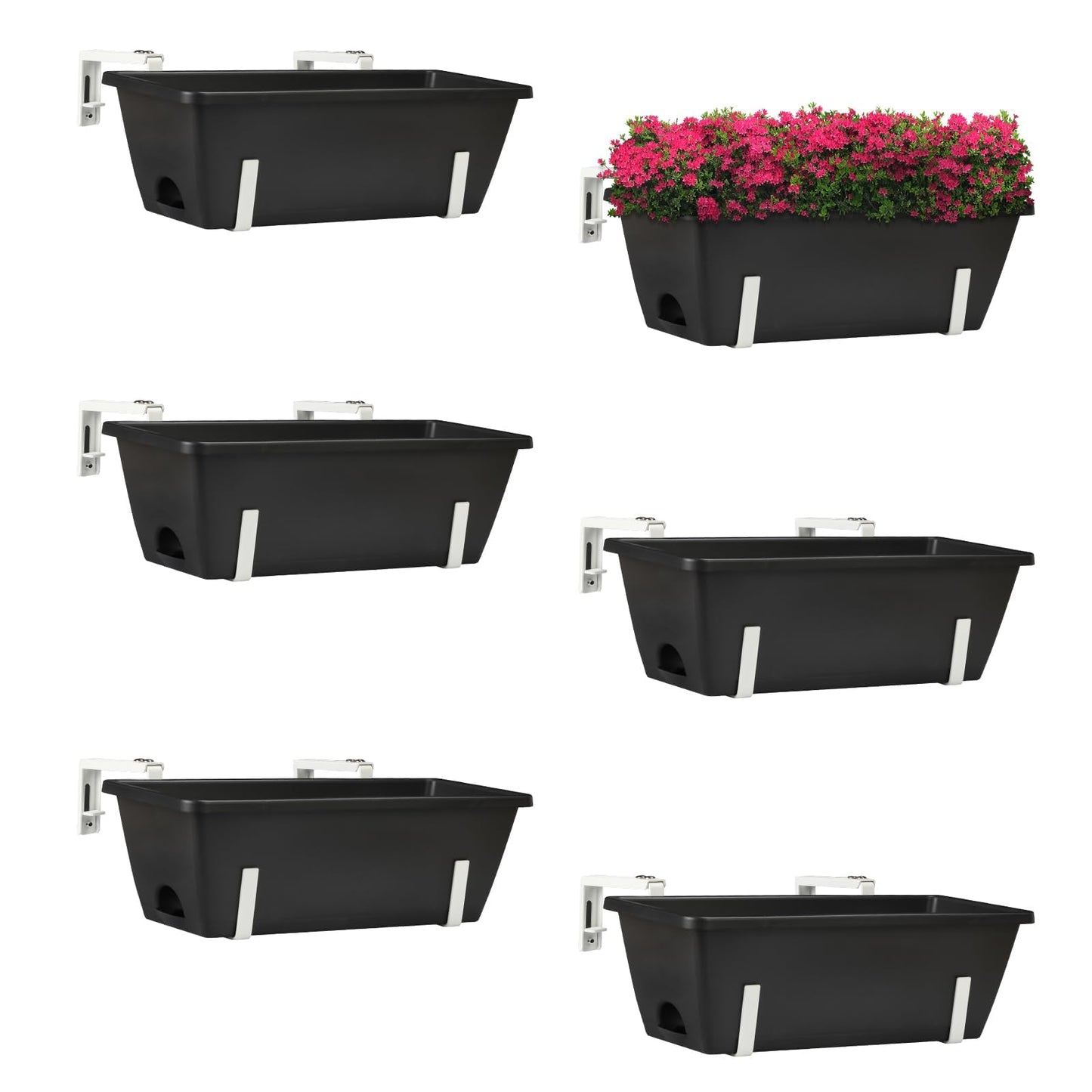 Railing Planter 6 Pack, 16.9 Inch Window Basket Deck Boxes Plastic Flower Rail Planters Holder with Adjustable Detachable Hooks for Outdoor Balcony Porch Patio, Black & White