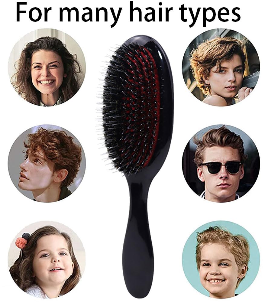 Boar Bristle Detangling Paddle Hair Brush for Curly Fine Straight Natural Tangled Hair, Anti-frizz Boar Nylon Mixed Bristle Styling Hairbrush for Women Men
