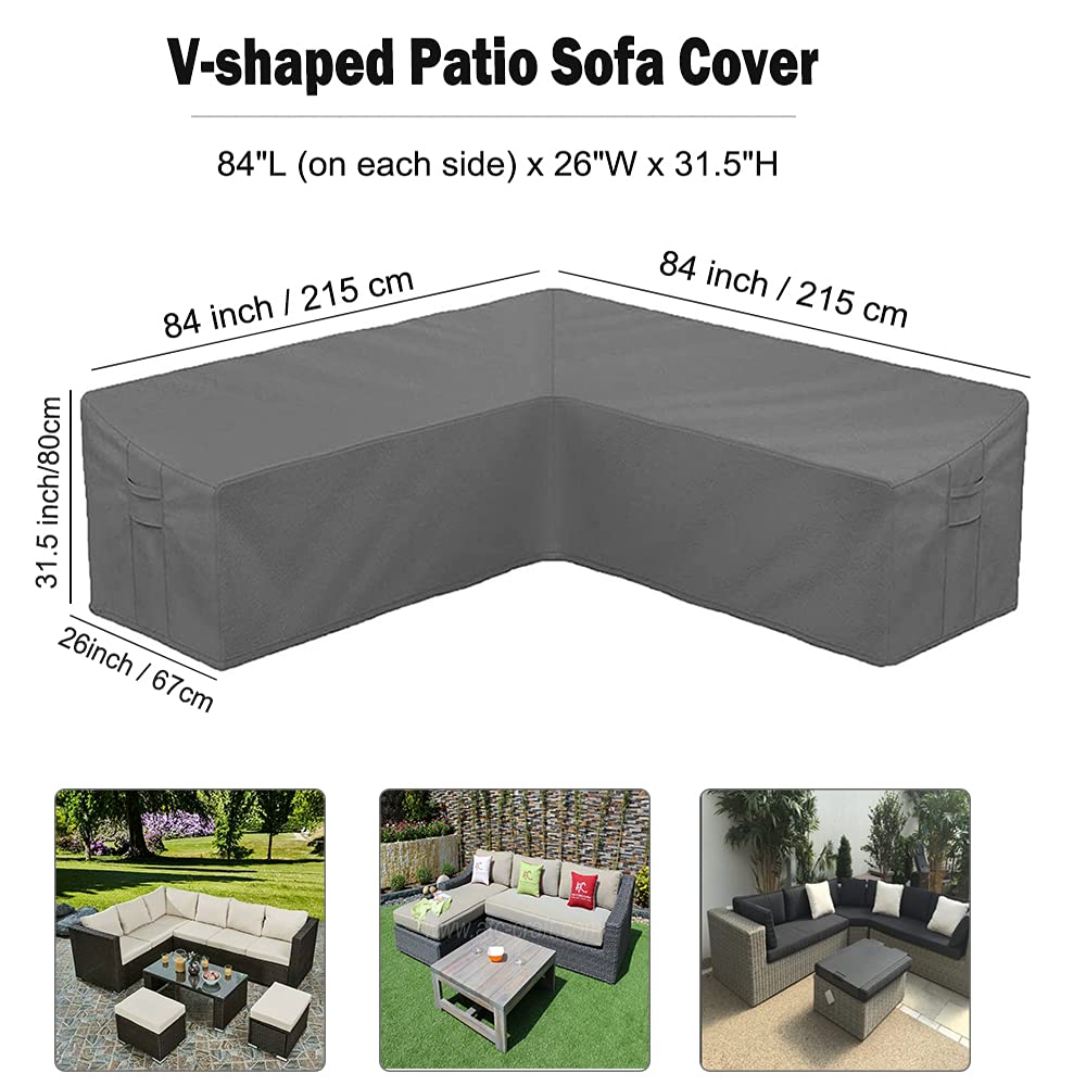 BOSKING Patio Sofa Cover V-Shaped Sectional Furniture Cover Heavy Duty Outdoor Furniture Set Covers Waterproof Lawn Garden Couch Protector with Buckle Strap & Side Handle - Grey (V Shape 84x84 inch)