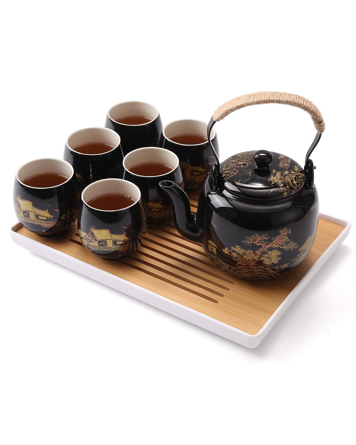 Dujust Japanese Tea Set, Black Porcelain Tea Set with 1 Teapot Set, 6 Tea Cups, 1 Tea Tray, 1 Stainless Infuser, Beautiful Asian Tea Set for Tea Lover/Women/Men (Countryside in Golden)