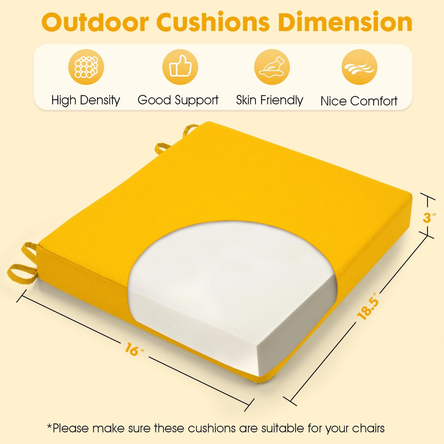LA COUSSIN Outdoor Chair Cushions Fade Water Resistant, Patio Furniture Cushions with Non-Slip Ties,Square Cushions for Outdoor Furniture and Lawn Dining Chairs (Yellow, 18.5X16X3-4 Pack)