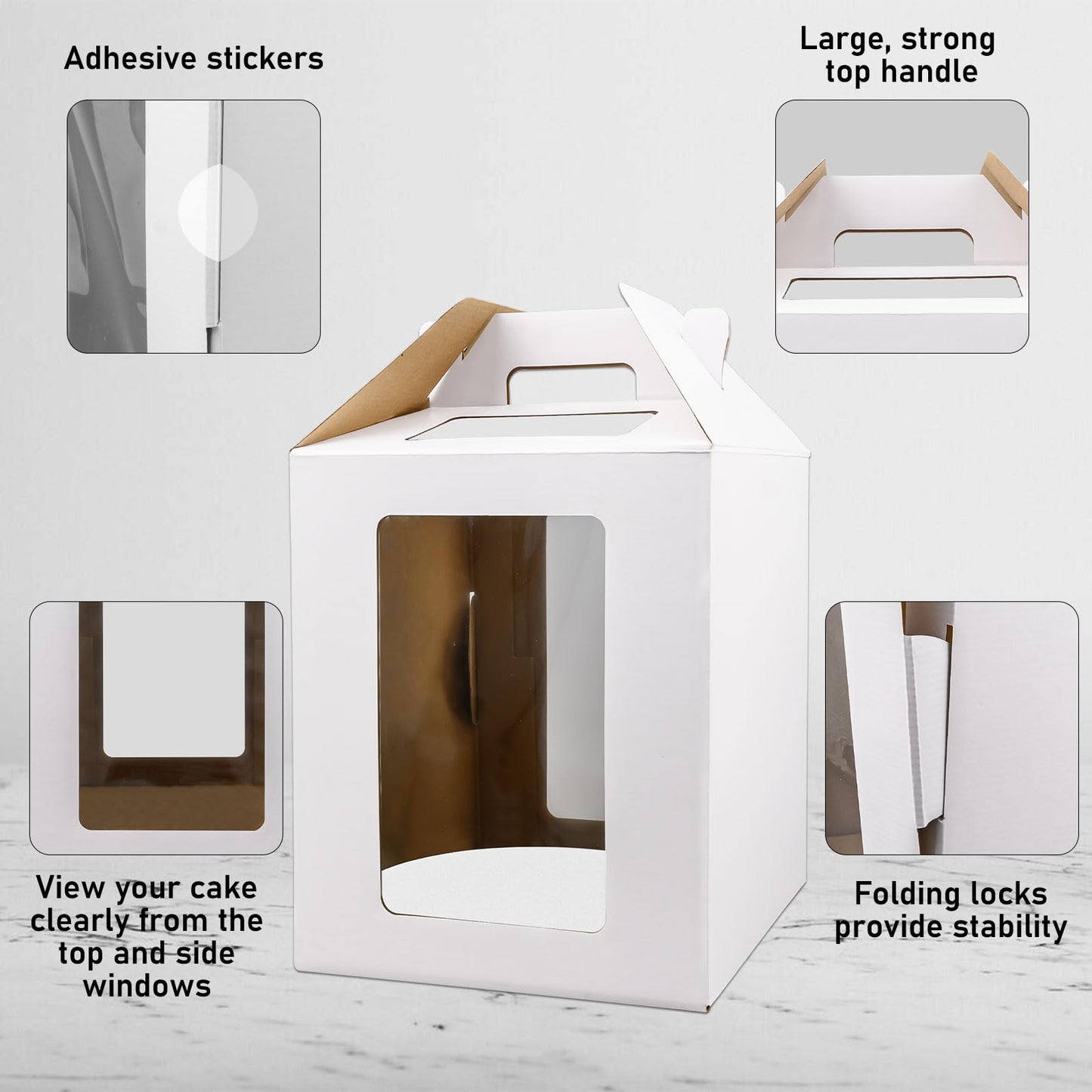 4 Pack Tall Cake Boxes with Windows, Large Tiered Cake Boxes 2 Sizes 10x10x12 & 12x12x14 Inch Tier Cake Carrier with 4 Cake Boards, Disposable Cake Containers (PACK 4)