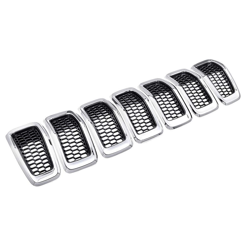 Compatible with 2014-2018 Jeep Cherokee 4-Door Grille Grill Cover Trim Insert Kit 7pcs (Black Mesh Grille + Chrome Moulding Trim)