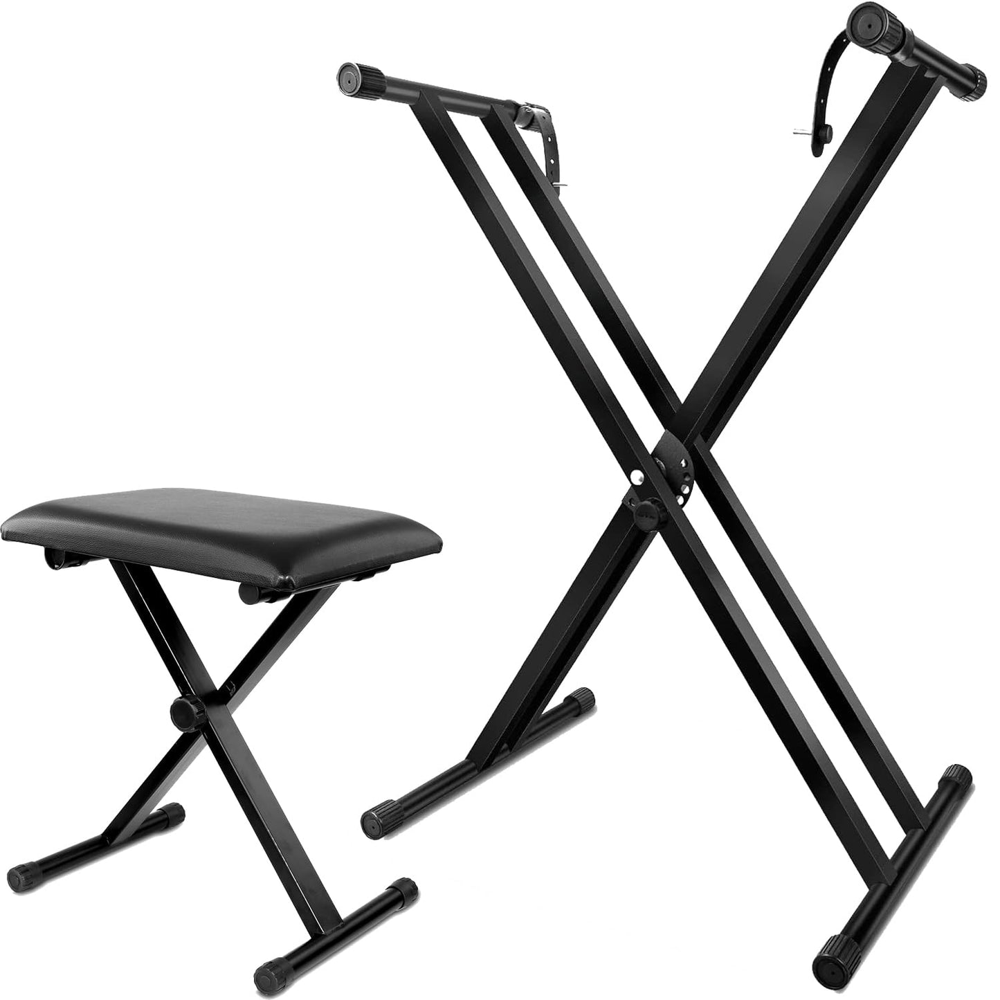 Duramex (TM) Heavy Duty, Double X, Height Adjustable Piano Keyboard Stand with Locking Straps, Piano Bench Stool 3-Position Height Adjustment Folding Padded Keyboard Bench Stand and Bench Combo