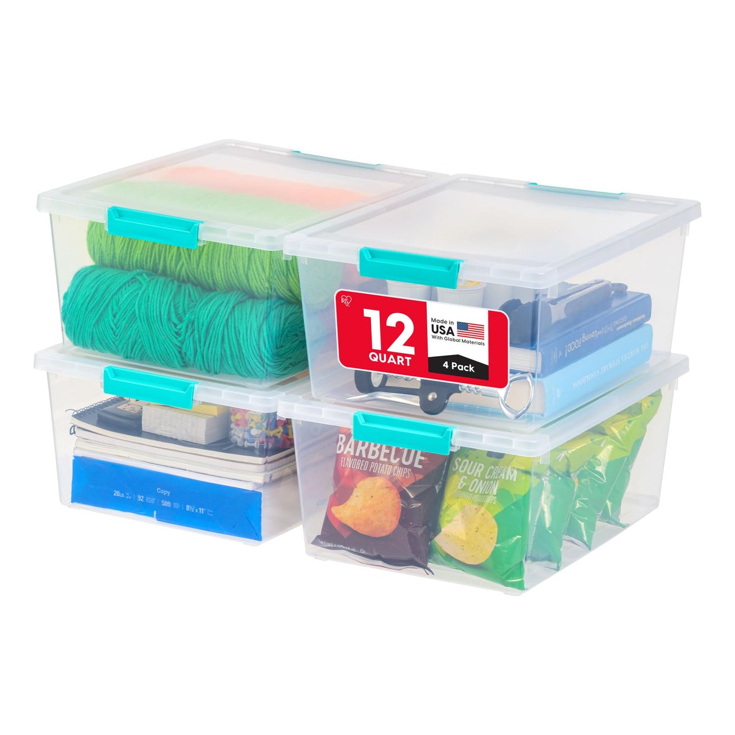 IRIS USA 11.4 L (12 US Qt) Large Deep Clip Box, 4 Pack, Clear Plastic Storage Container Bins with Latching Lids, Organizer for Home, Office and Classroom, Stackable Nestable, Seafoam Blue Buckles