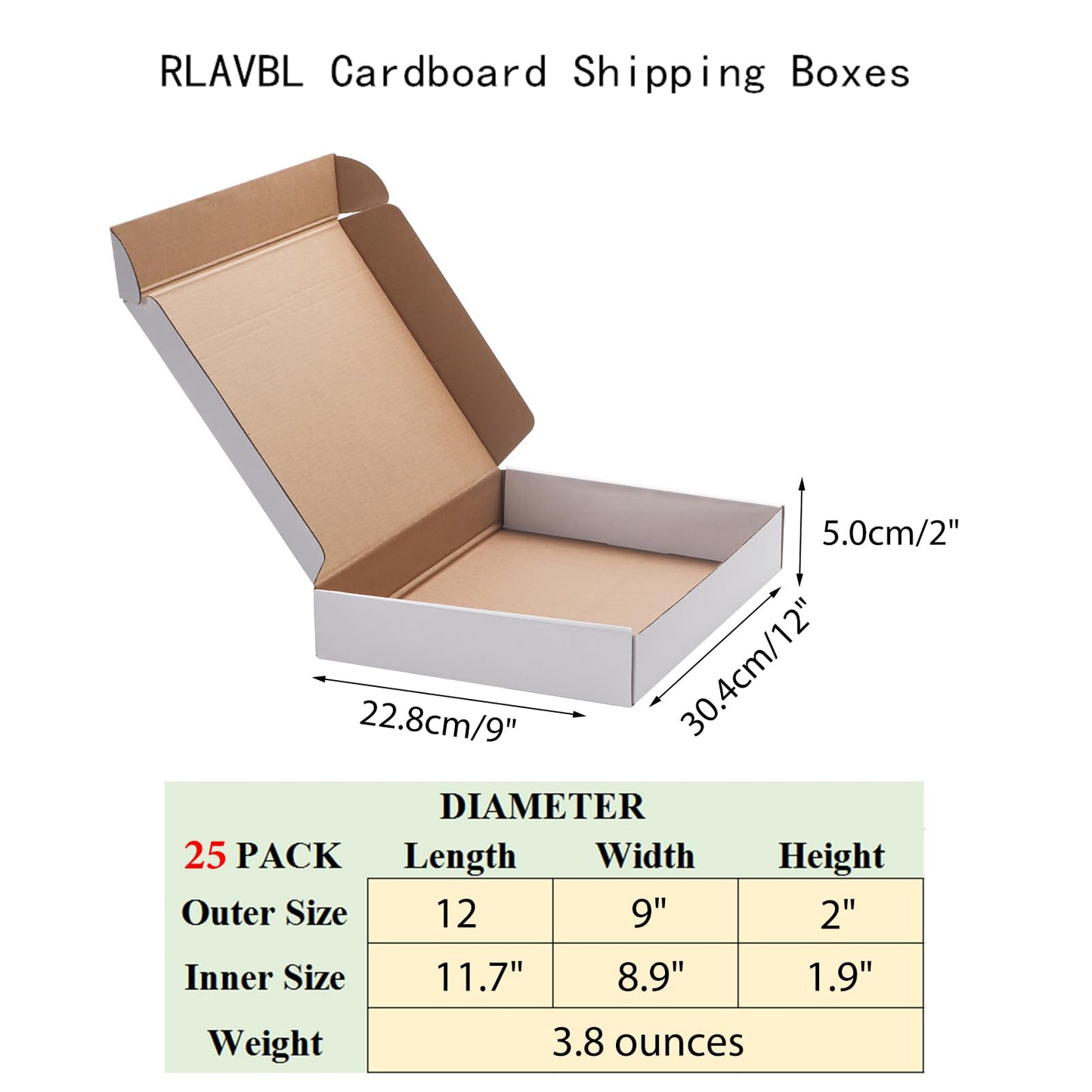RLAVBL 12x9x2 Inches Shipping Boxes Set of 25, White Corrugated Cardboard Box for Packing, Mailing, Business