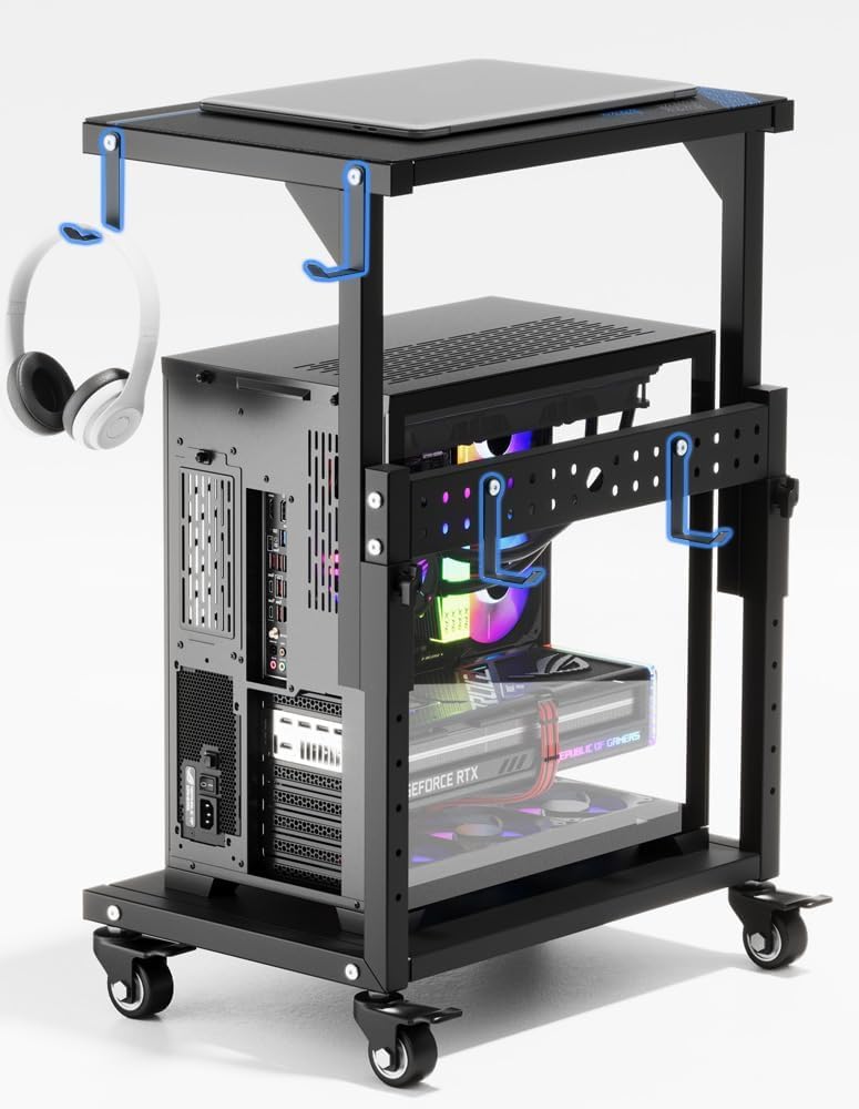ZUAVIALA Computer Tower Stand, 6 Level Height Ajustable PC Tower Stand for Floor, Mobile Rolling CPU Holder Cart for Gaming Office Home,21.34"-28.3", Black