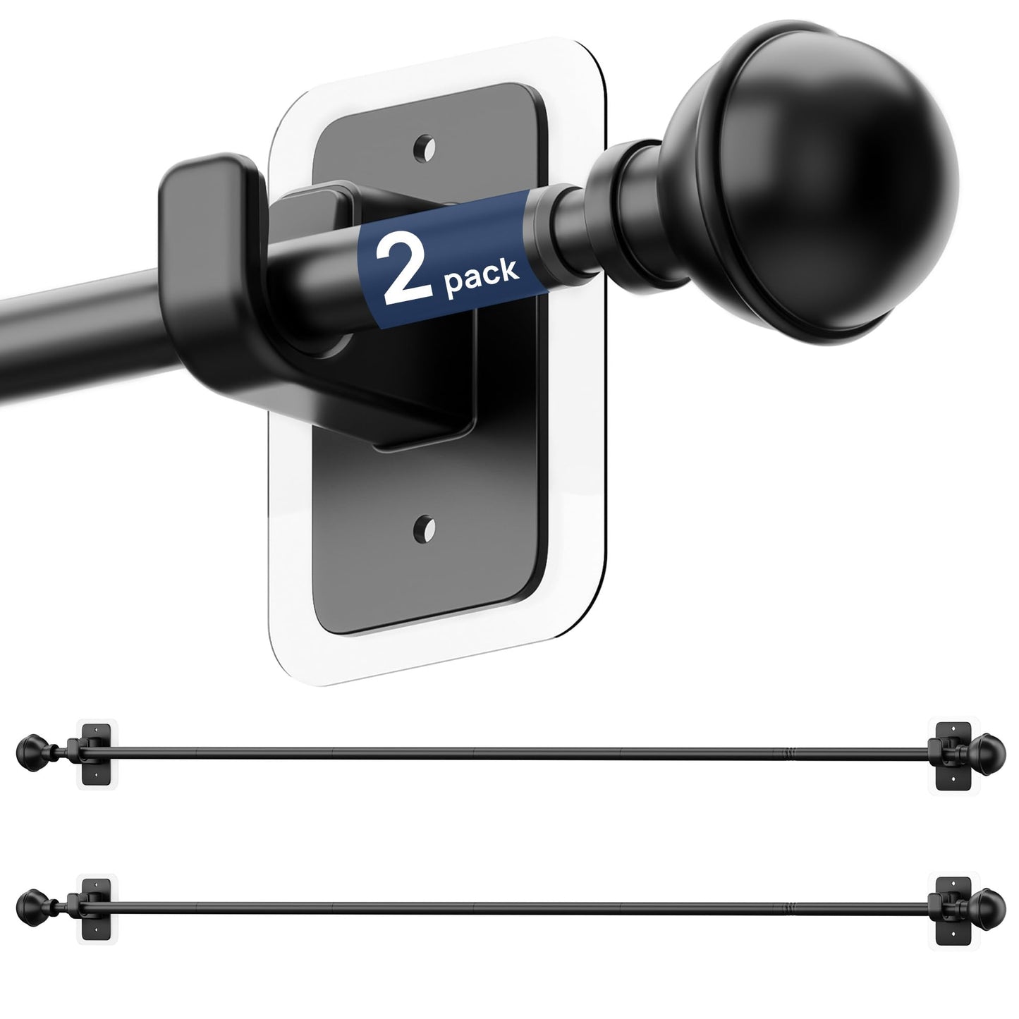 upsimples 2 Pack No Drill Curtain Rods for Window 48 to 84 Inches, 5/8 Inch Diameter Renter Friendly Drapery Rod with Adhesive Brackets without Drilling, Adjustable from 27 to 90 Inches, Black
