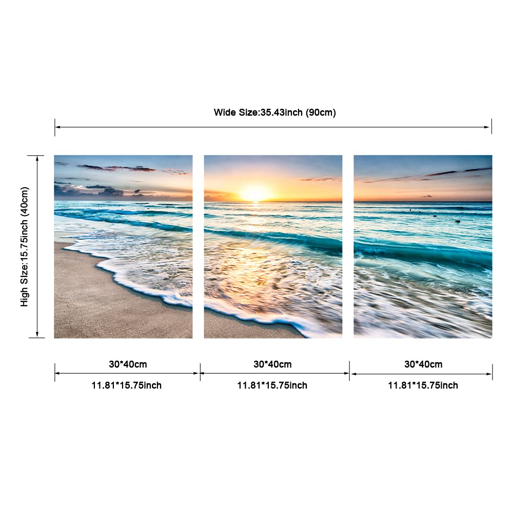 Pyradecor 3 Panels Blue Beach Sunrise White Wave Pictures Painting on Canvas Wall Art Modern Stretched and Framed Seascape Giclee Canvas Prints Seaview Landscape Artwork for Home Office Decorations