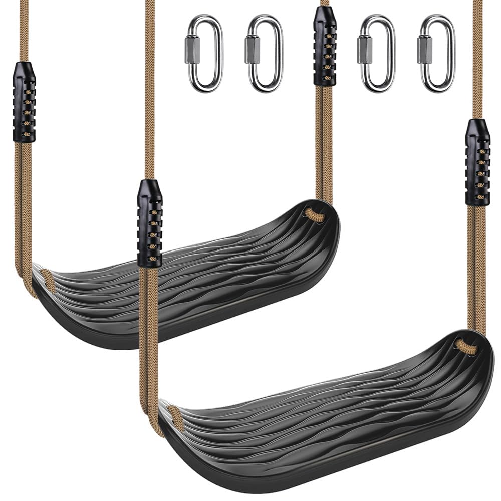 SELEWARE Non-Slip Plastic Swing Seat, Heavy Duty Tree Swing Set with Adjustable Rope & Carabiners for Kids & Adults, Outdoor/Indoor Playground Seat Replacement, Black, 2 Pack