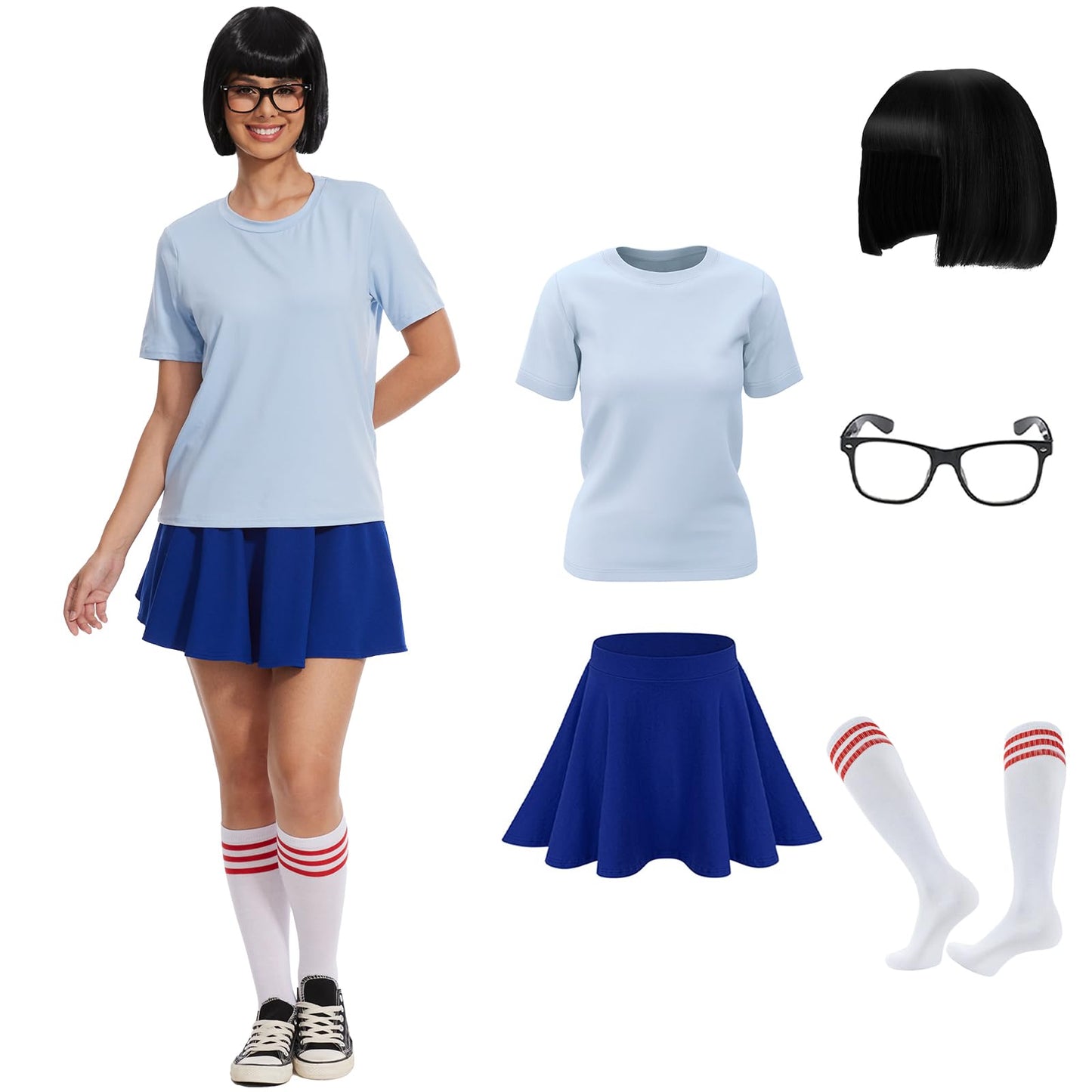 6 Pcs Halloween Nerd Costume for Women, Classic Movie Characters Costume with Bob Wigs Blue Set Socks Glasses (Large)