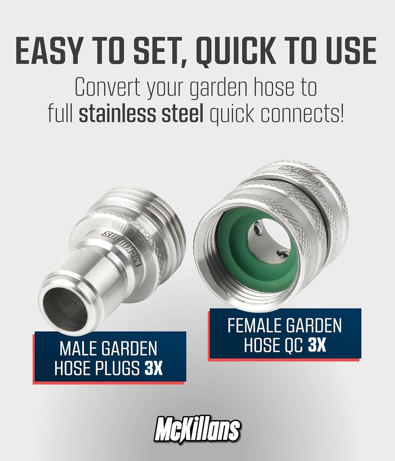 McKillans® Water Hose Quick Connect [Universal FIT] 3 Pack - Stainless Steel - Garden Hose Quick Connect Stainless - Durable Quick Connect Garden Hose Fittings - Easy Instant Connection