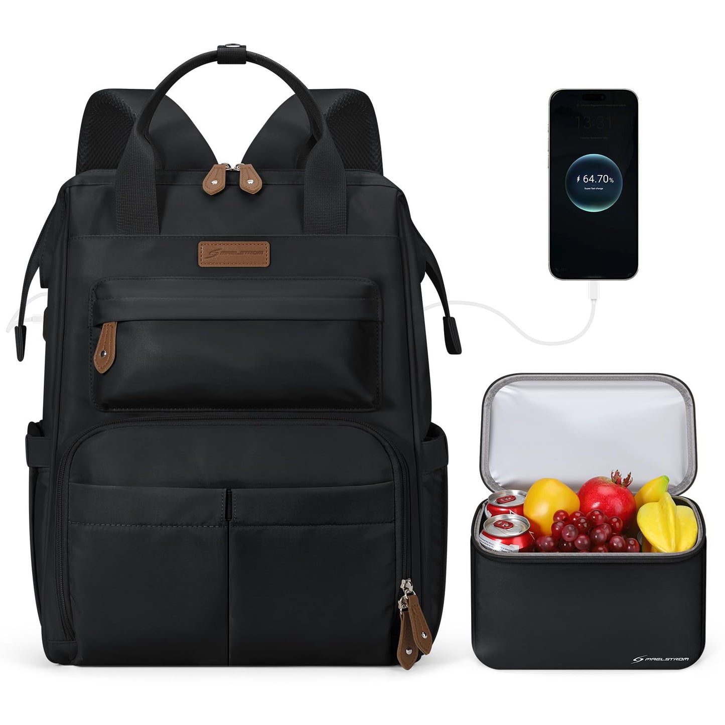 Maelstrom Travel Laptop Backpack for Women Men,Backapck Fits 15.6-17.3 Inch Laptop, Teacher/Work Bag with Insulated Lunch Box (Black)