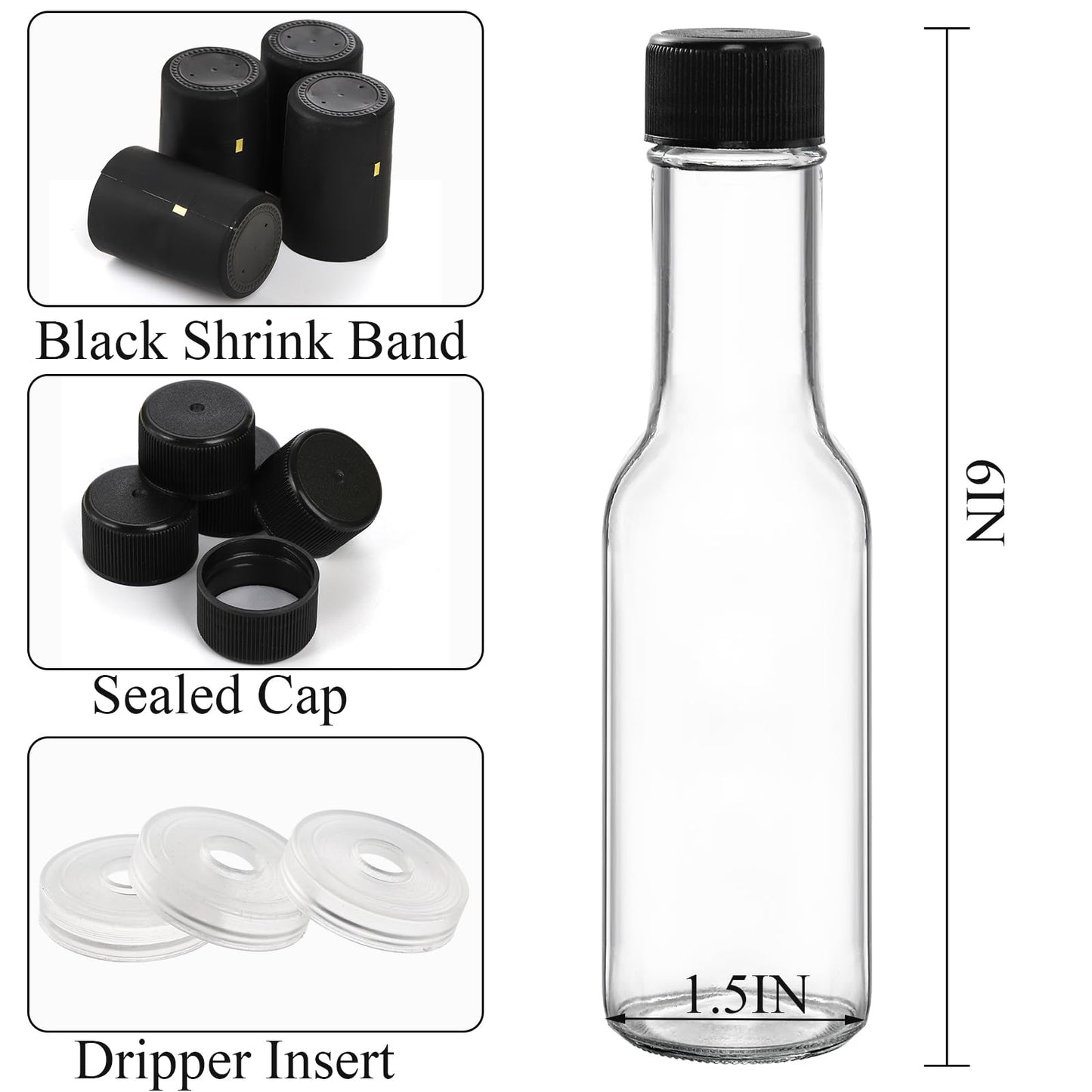 Cedilis 36 Pack Small Glass Bottle, 3oz/100ml Glass Woozy Bottle, Empty Mini Hot Sauce Bottles, Clear Liquor Wine Bottles with Shrink Capsule, Black Screw Caps, Dripper Insert